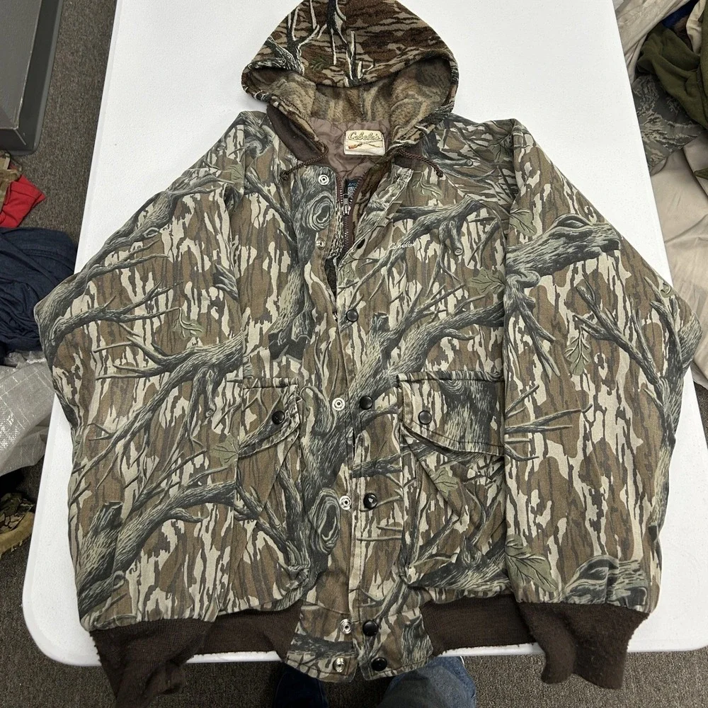 Cabela's Hooded Bomber Jacket Mens L Brown Camo Tree Bark Arctic Fleece USA Made